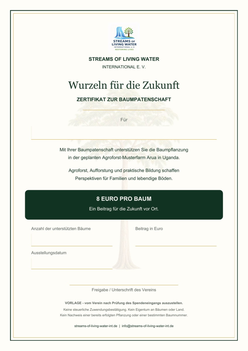 Vorlage des Baumpatenschafts-Zertifikats mit vollständiger botanischer Illustration eines Melia-volkensii-Baums und Feldern für Name, Baumanzahl und Beitrag